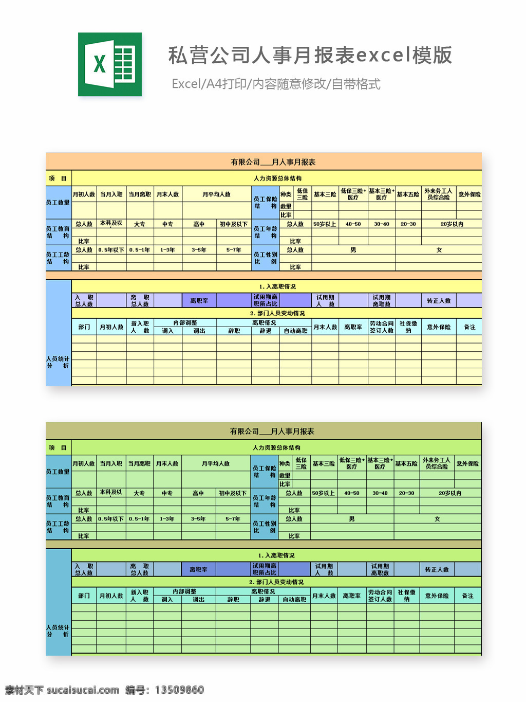 私营 公司 人事 月报表 excel 模版 表格 表格模板 表格设计 带公式 统计表 图表