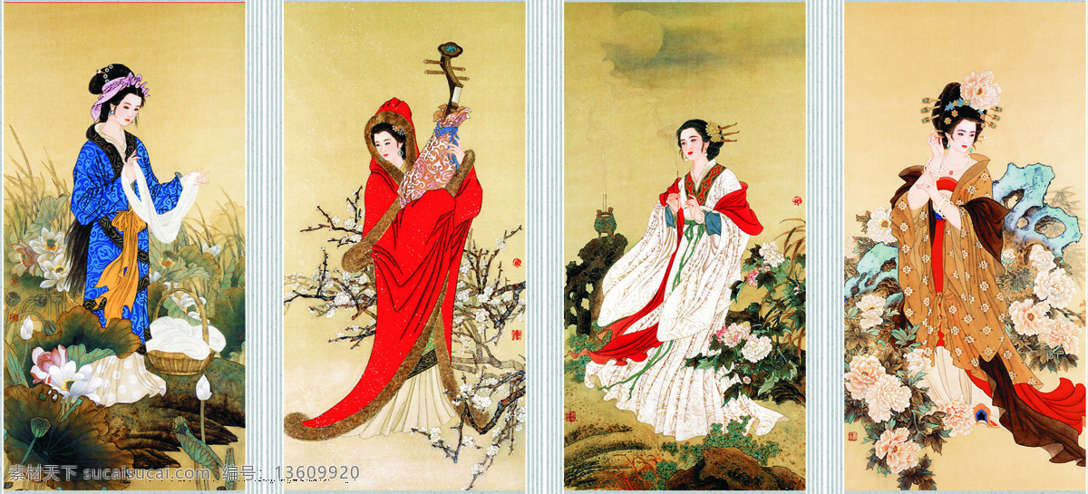 四大 美女 工笔人物画 工笔仕女图 国画人物 人物国画 仕女图 工笔画 装饰素材 移门
