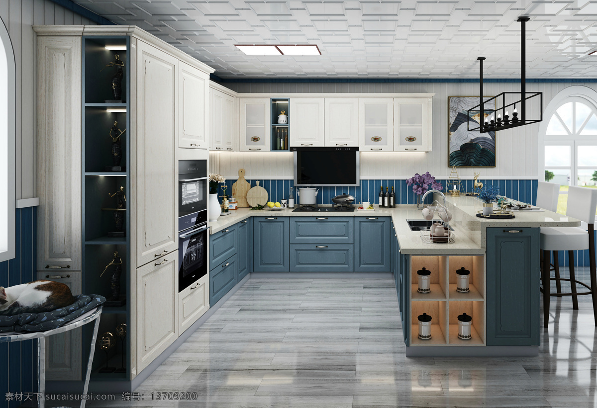 厨房效果图 橱柜 欧式 蓝色 岛台 阳光 吧台 美式厨房 开放式厨房 环境设计 室内设计