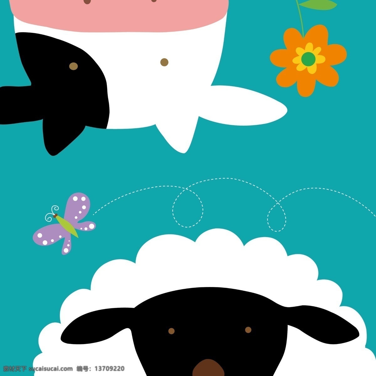 动物 卡通 插画 儿童房 装饰画 可爱的动物 简笔画 奶牛 绵羊 羊 花 蝴蝶 手绘 文化艺术