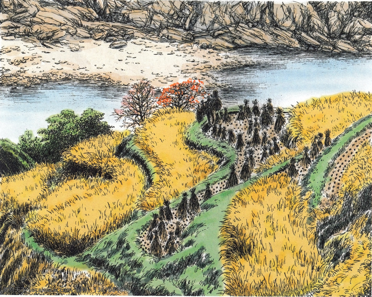 稻谷 稻田 丰收 风景油画 河流 绘画书法 郊外风景 麦田 稻田设计素材 稻田模板下载 丰收季 丰收赞歌 丰收季节 收稻子 收割 桥梁 水彩画 国画二 文化艺术 装饰素材