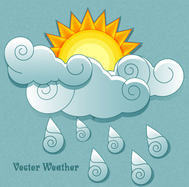 创意 太阳雨 插画 矢量 白云 简约 太阳 下雨 蓝白色 矢量图 其他矢量图