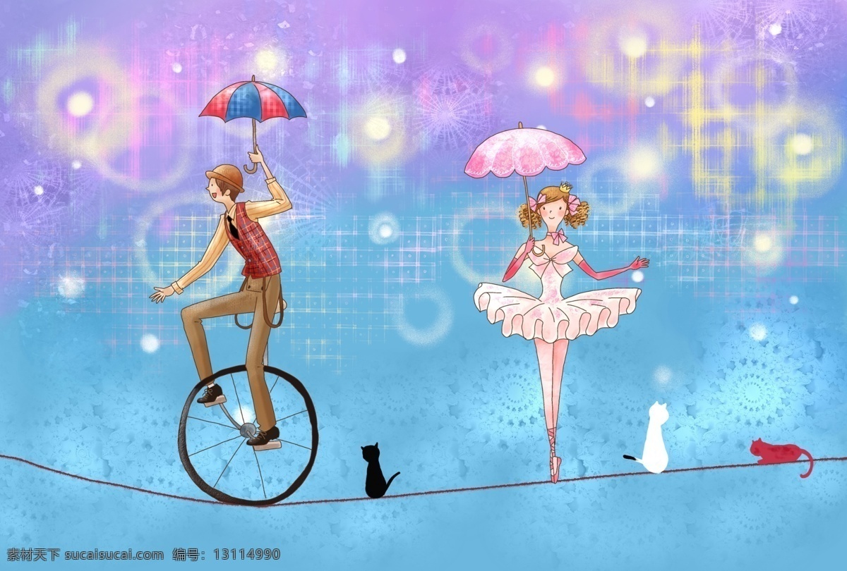 儿童画 走钢丝 表演 psd分层 杂技 独轮车 伞 卡通人物 男孩 女孩 猫 彩铅风格 手绘 蓝色