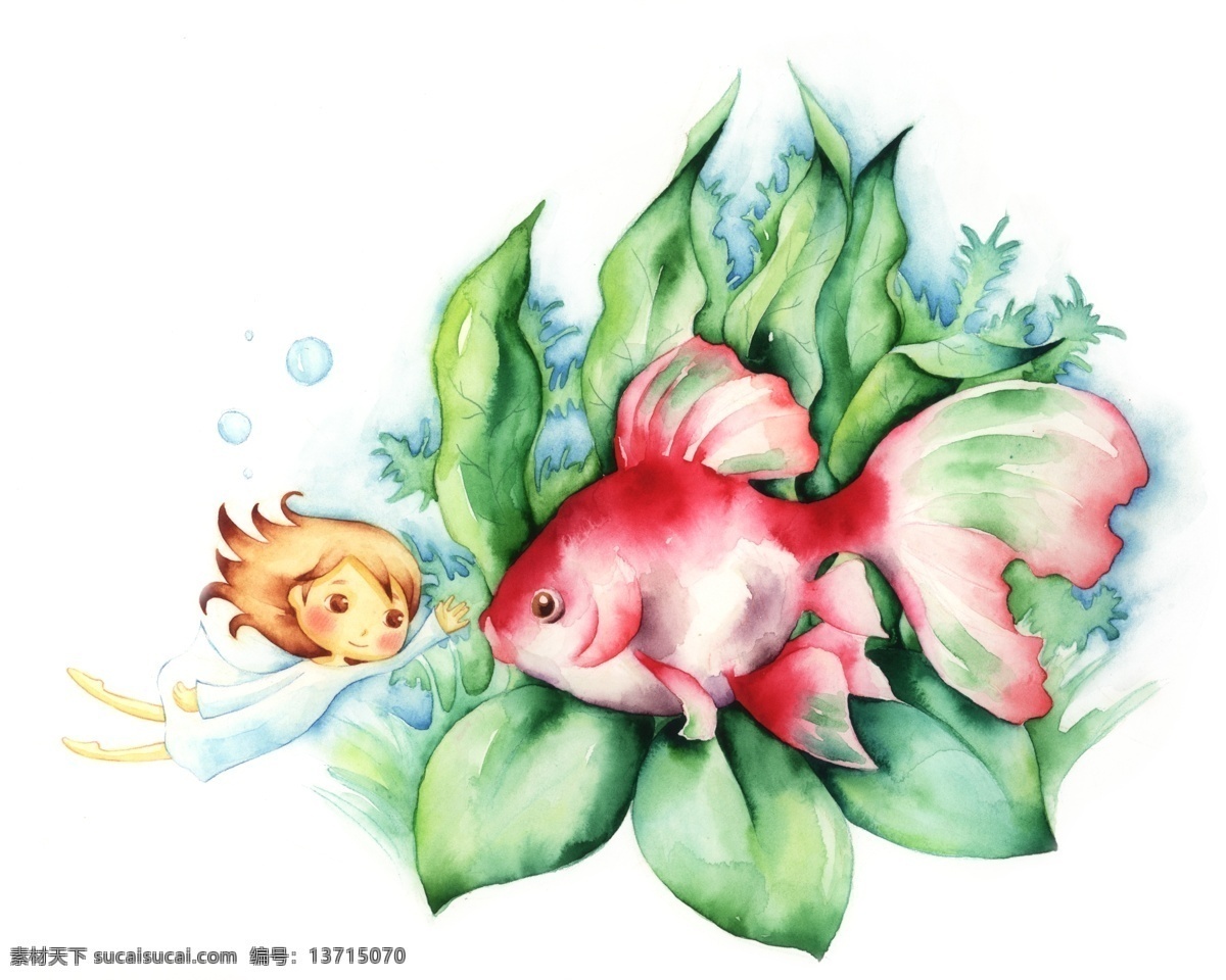 水底 彩绘 源文件 设计素材 psd源文件 绿色 水草 小女孩 叶子 鱼 植物