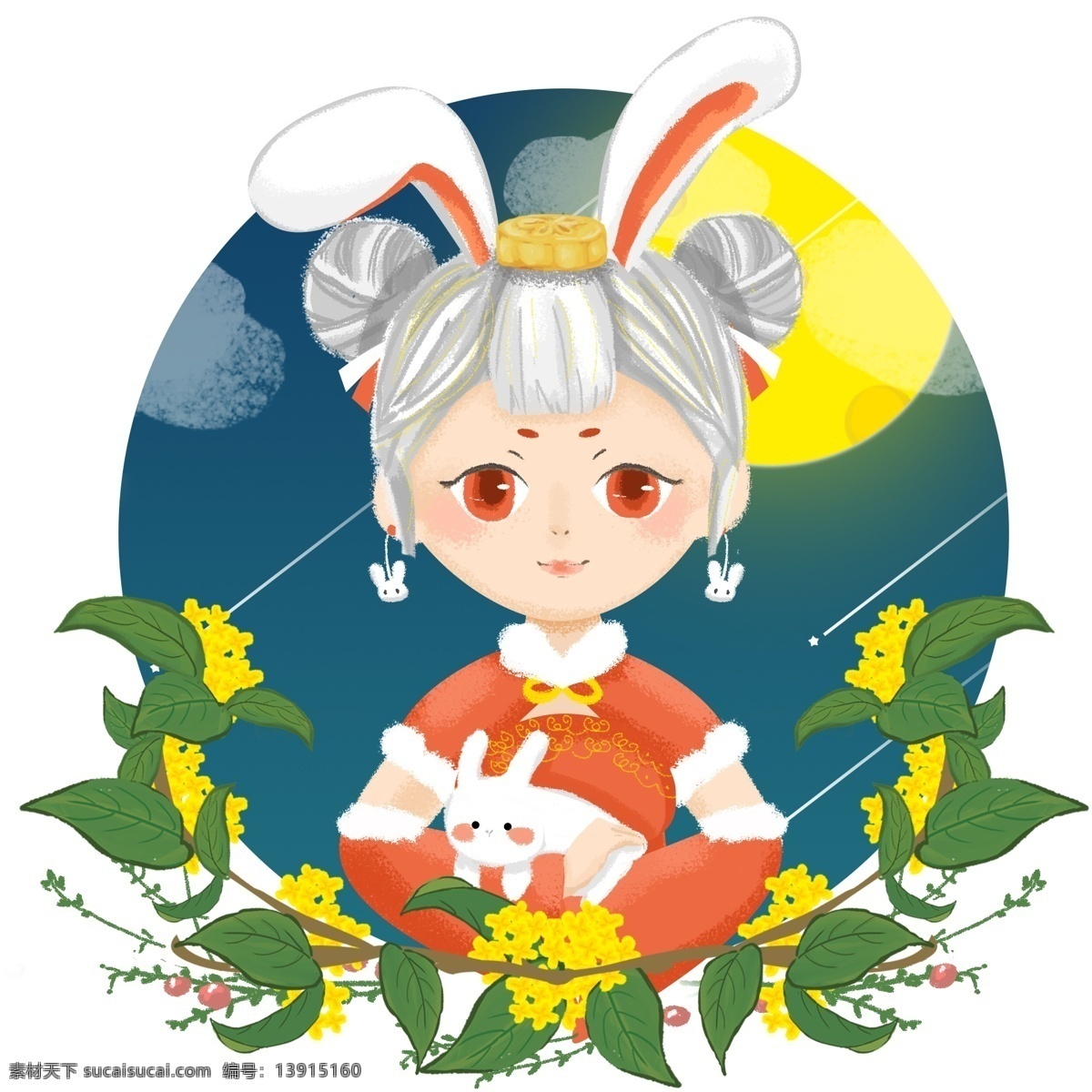 中秋节 玉兔 少女 人物 插画 形象设计 原创 商用 卡通 可爱 女孩