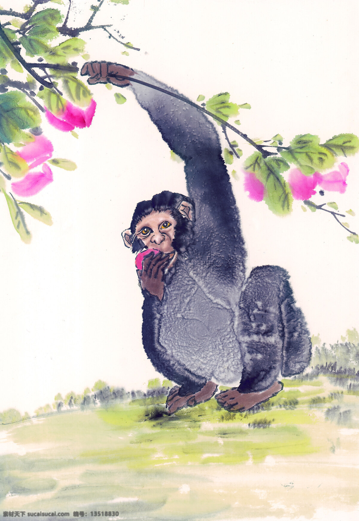 桃子 猴子 花卉 艺术 中国画 装饰素材 无框画