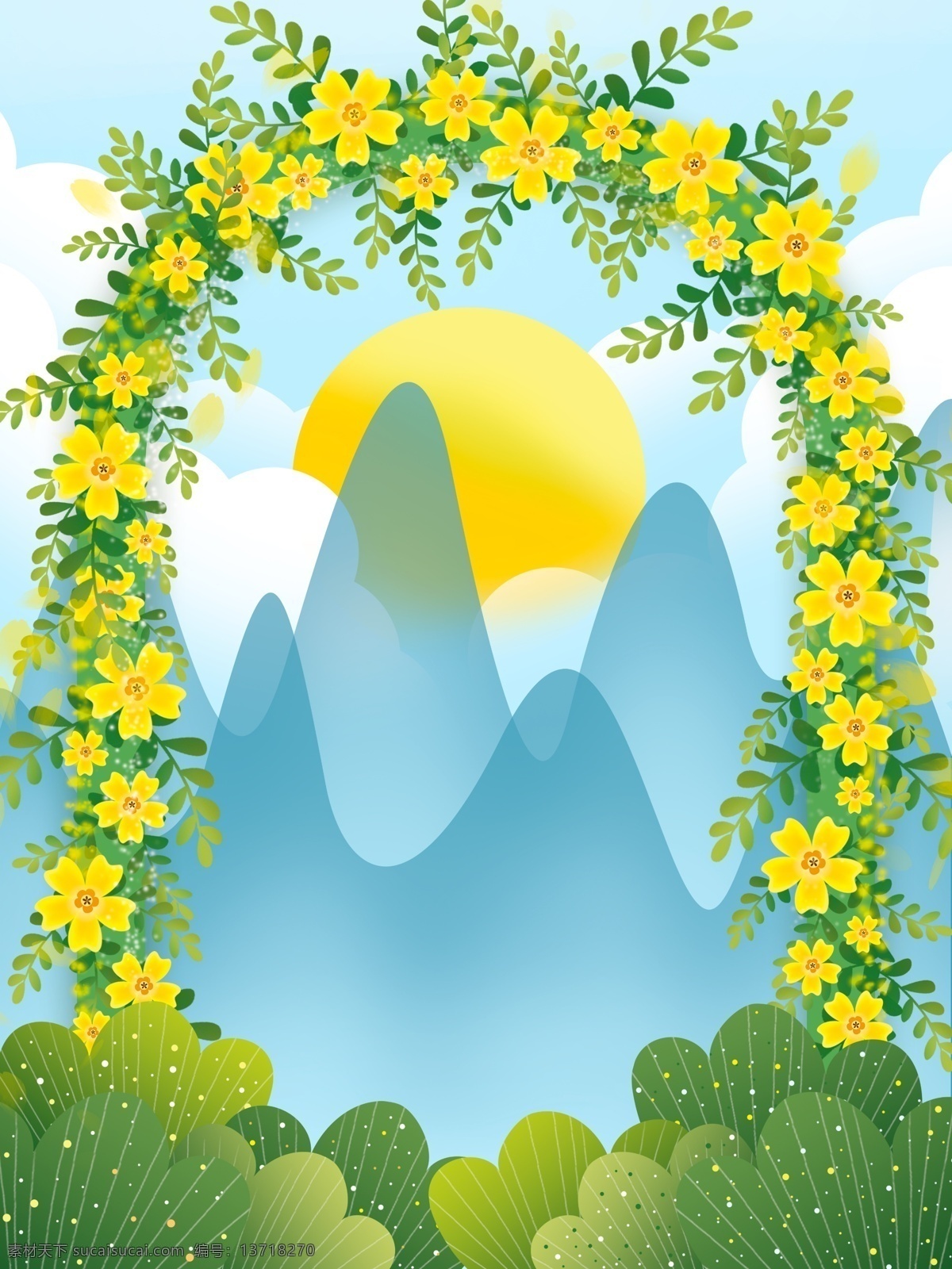 清新 春天 迎春花 花环 背景 春季 花丛 广告背景 背景设计 通用背景 psd背景 特邀背景 促销背景 背景展板图