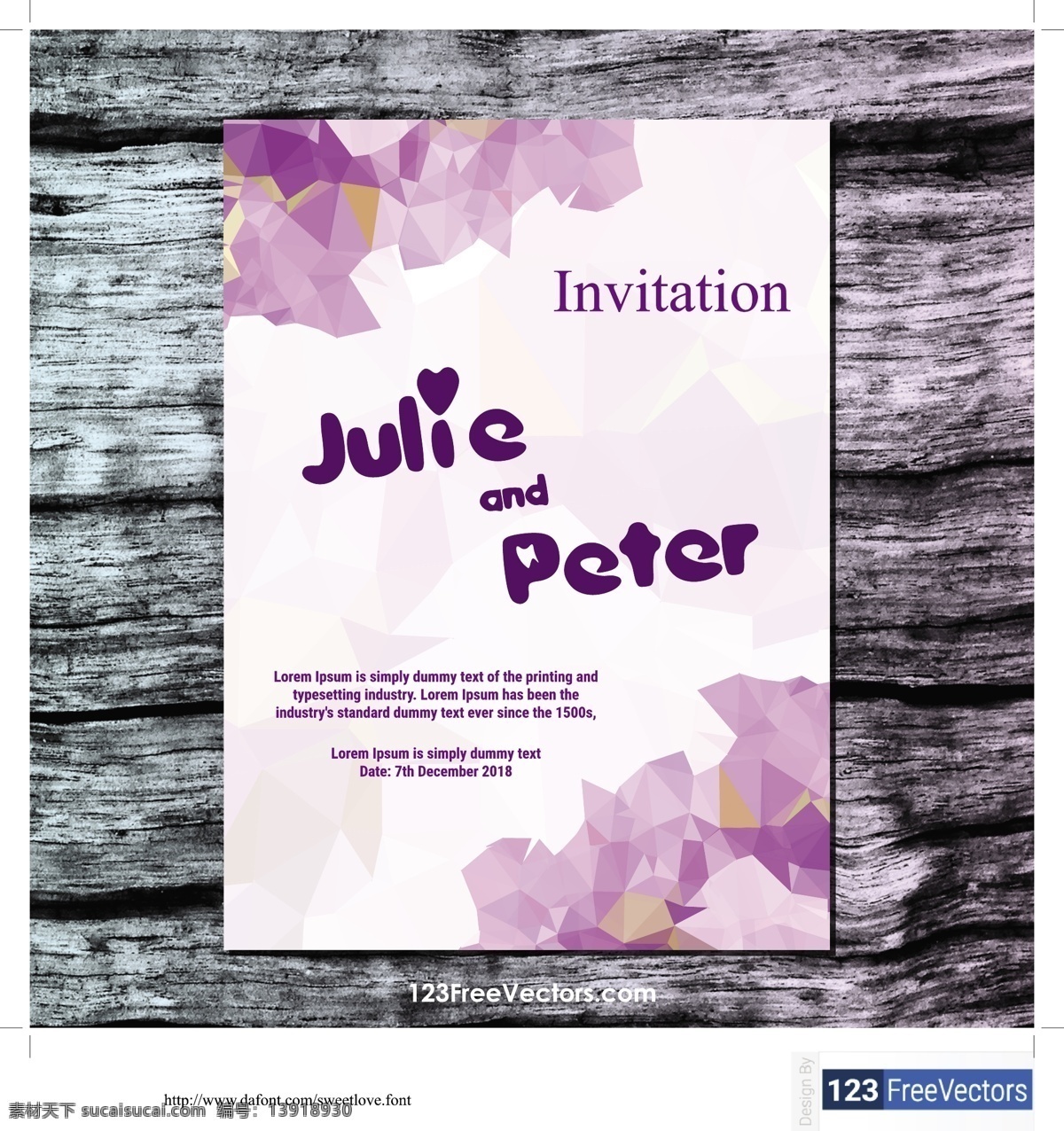 紫色 多边形 婚礼 请帖 模板 紫色多边形 婚礼请柬 英文 julie and peter 白色