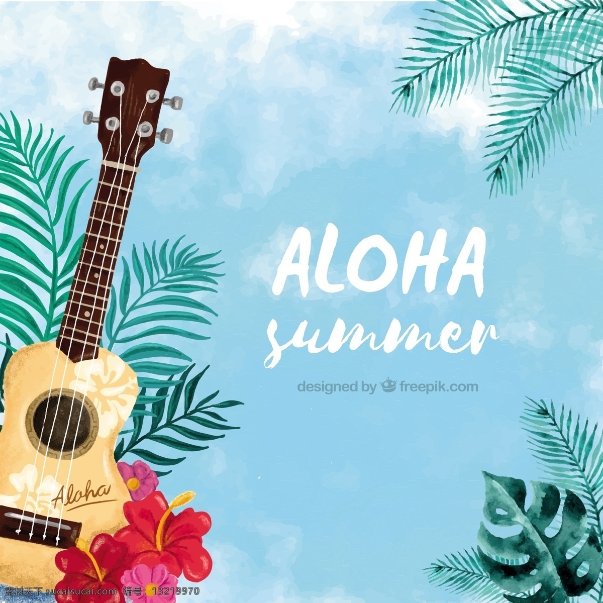 水彩画 aloha 背景 ukulele 花卉 水彩 夏季 自然 花卉背景 海滩 水彩花卉 水彩背景 树叶 热带 吉他 自然背景 植物 棕榈 夏季海滩