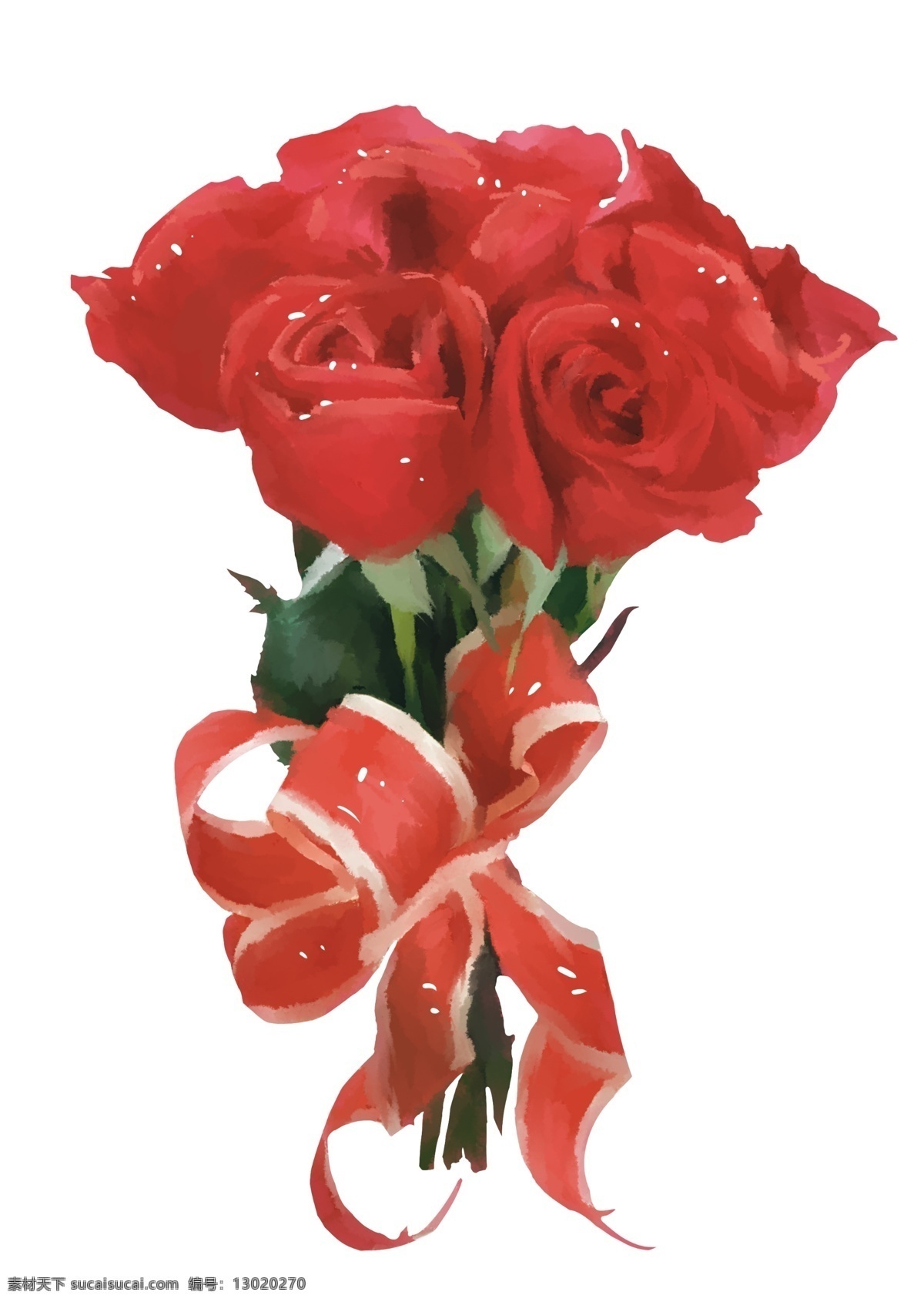 情人节 玫瑰花 插画 水彩画 红色玫瑰 红色丝带 植物 绿叶 手绘 情人节玫瑰花 漂亮的花朵 送玫瑰花 一束玫瑰花