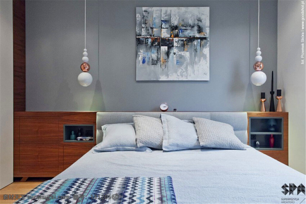 简约 卧室 壁画 装修 效果图 床铺 床头柜 吊灯 灰色墙壁 木地板 欧式 置物柜