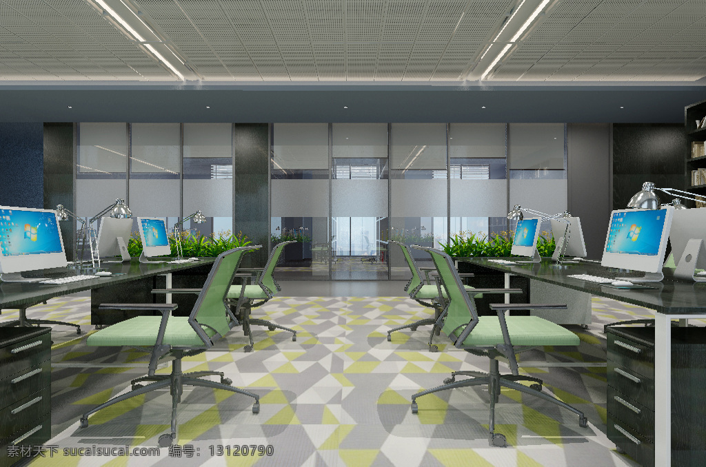 现代 办公室 效果图 时尚 简约 3d 浅绿色 地毯 办公位 前卫