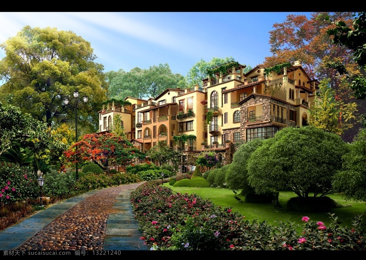 别墅 花园 分层 效果图 小路 绿植 小楼 花园别墅 风景