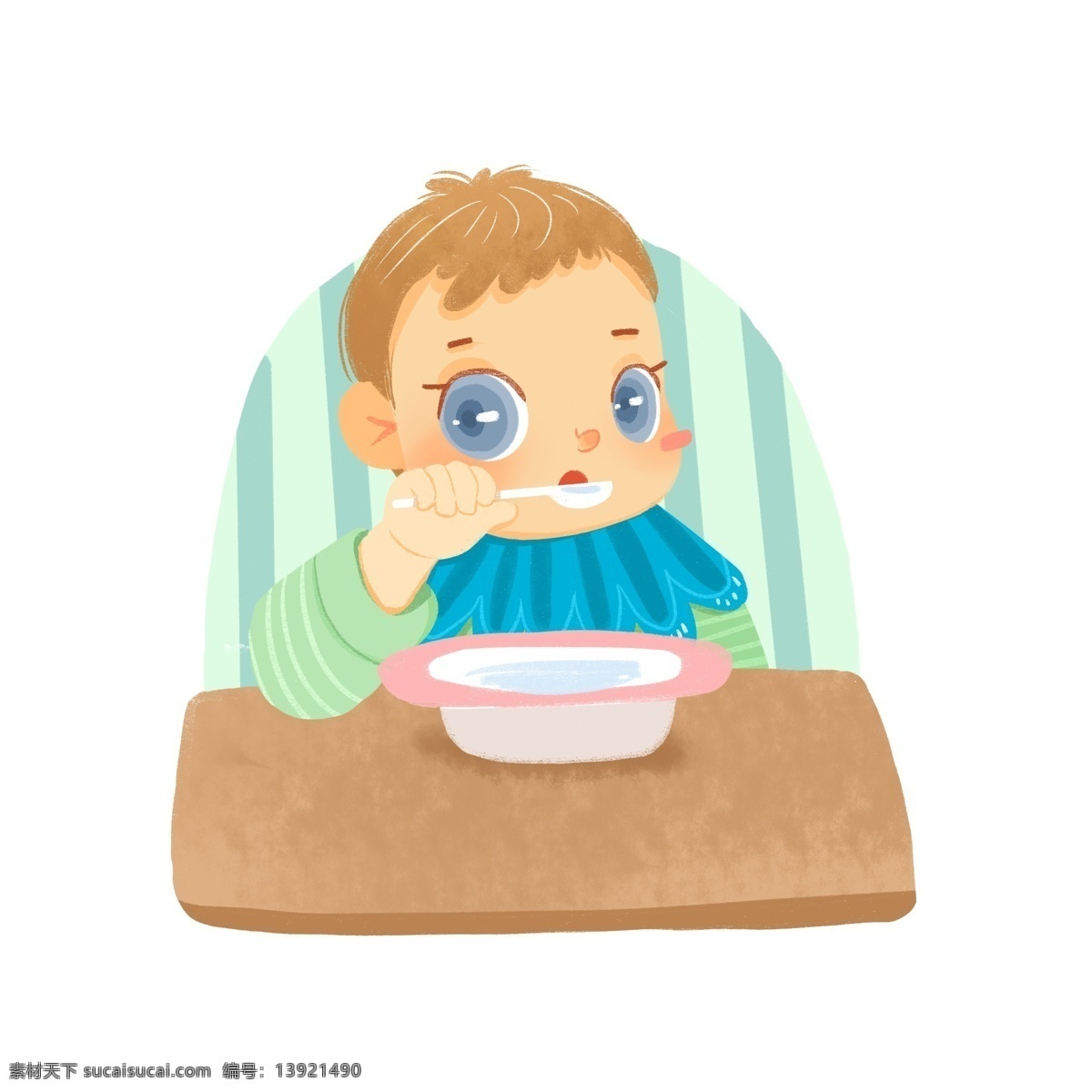 小 婴儿 自己 勺子 吃饭 小朋友 baby 小男孩 宝宝 宝贝 喝汤 宝宝椅 小饭桌 卡通 可爱 吃货 人物 大眼睛 蓝色 清新 绿色