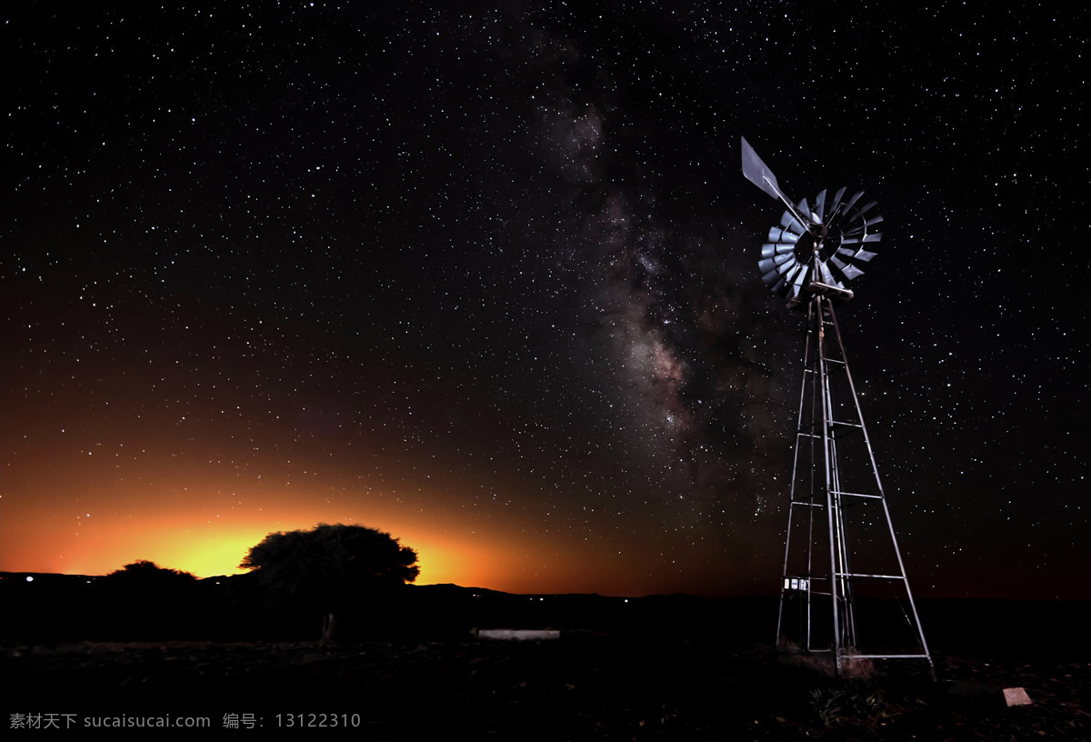 银河系 星星 满天的星星 风车 晚上 自然风景 自然景观