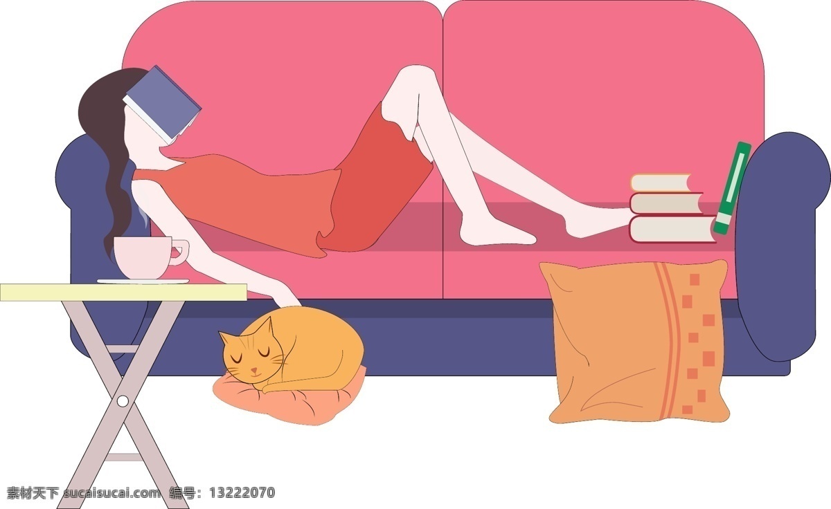沙发 上 午休 美女 原创 元素 卡通 猫咪 书本 手绘