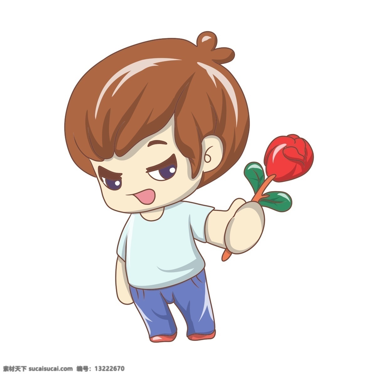 情人节 人物 玫瑰花 绿色的叶子 卡通人物 手绘人物 人物插画 小 男孩 插画 红色的玫瑰花