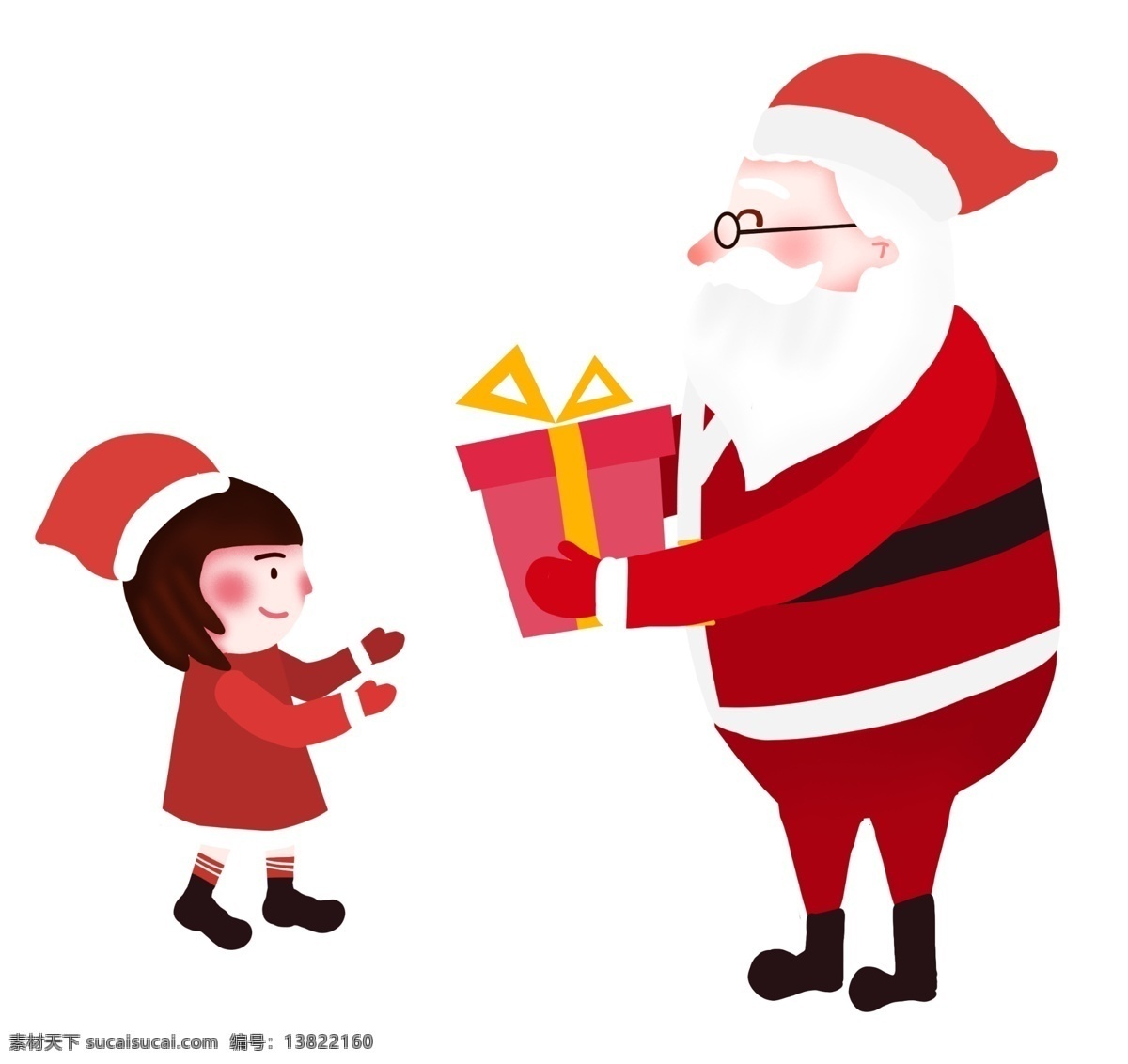 圣诞节 卡通 手绘 送礼 物 圣诞老人 小孩 礼品 礼物 圣诞老人送礼 圣诞节送礼物 穿 衣服 小女孩 可爱