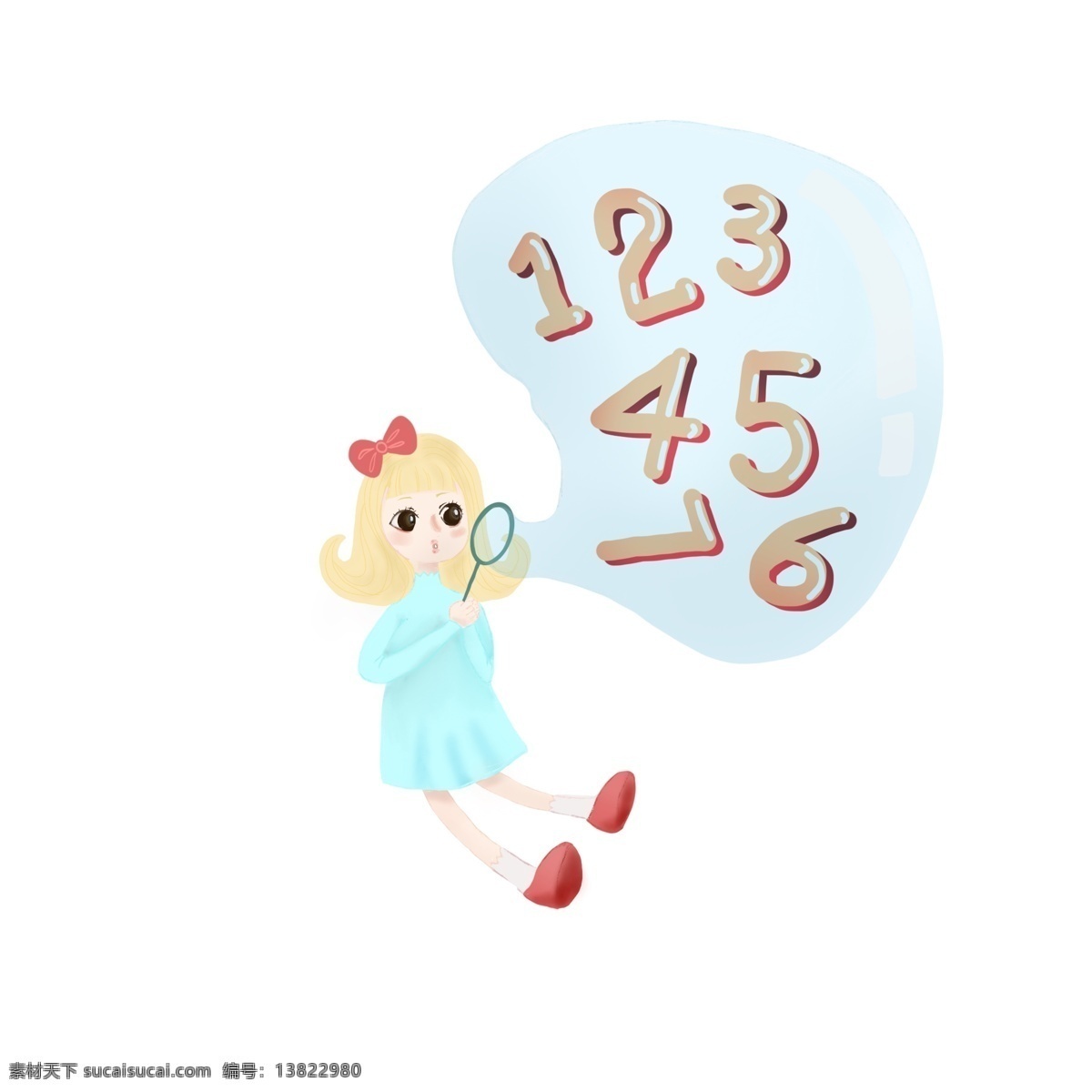 手绘 吹 数字 气泡 可爱 女孩 飞 树叶