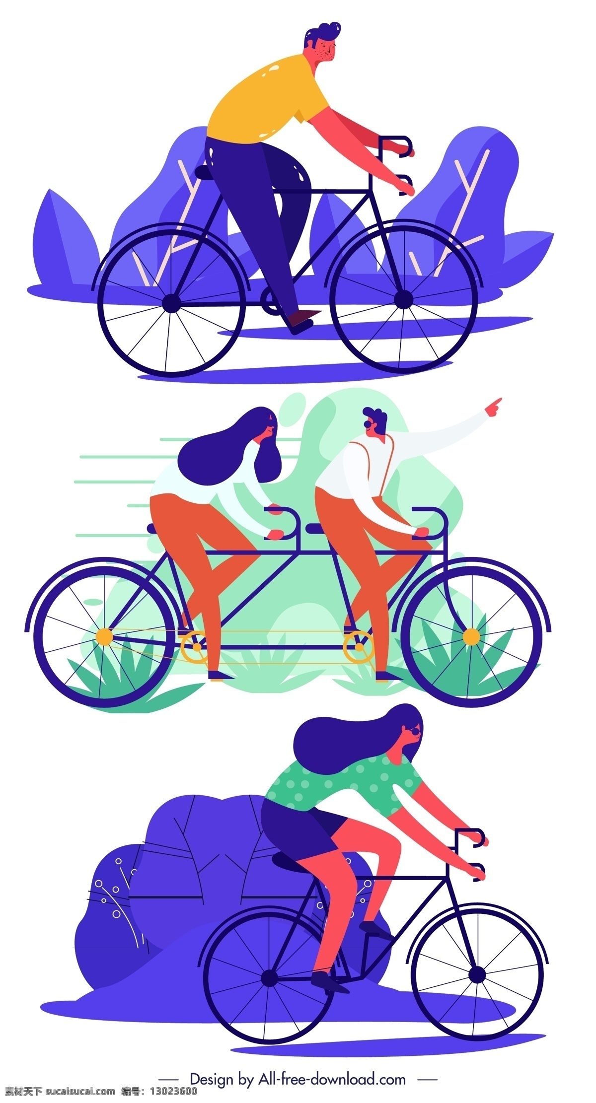 3组创意 骑单车人物 矢量素材 运动 创意 单车 自行车 人物 树木 灌木 男子 女子 矢量图 ai格式