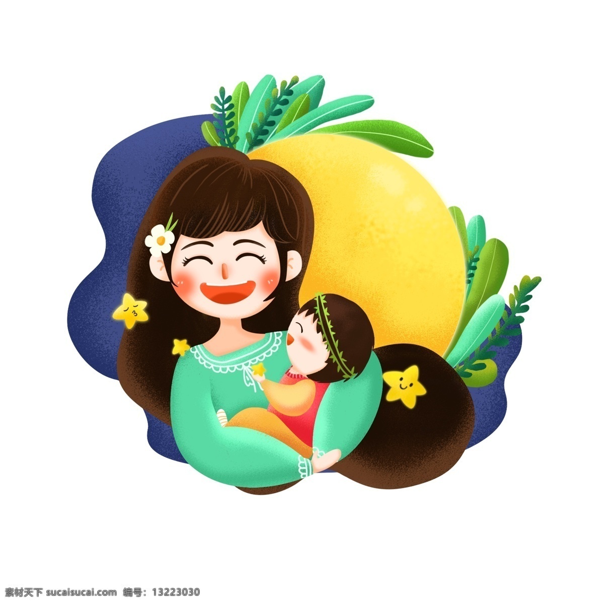 妈妈 母亲 孩子 互动 晚安 人物 卡通 可爱 装饰 元素 月亮 星星 植物