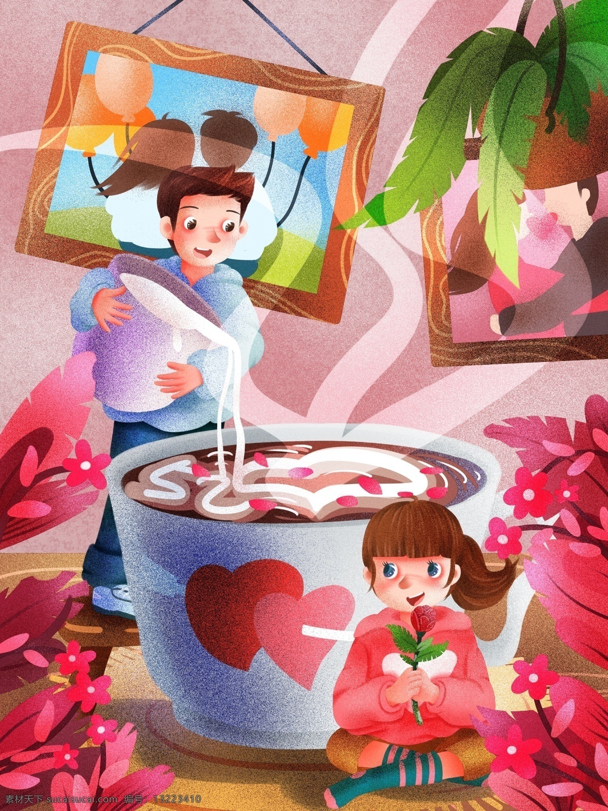 520 男生 做 拉花 咖啡 表白 女生 清新 创意 插画 情侣 情侣照 植物 玫瑰花 粉色 气球 爱心 丘比特之箭