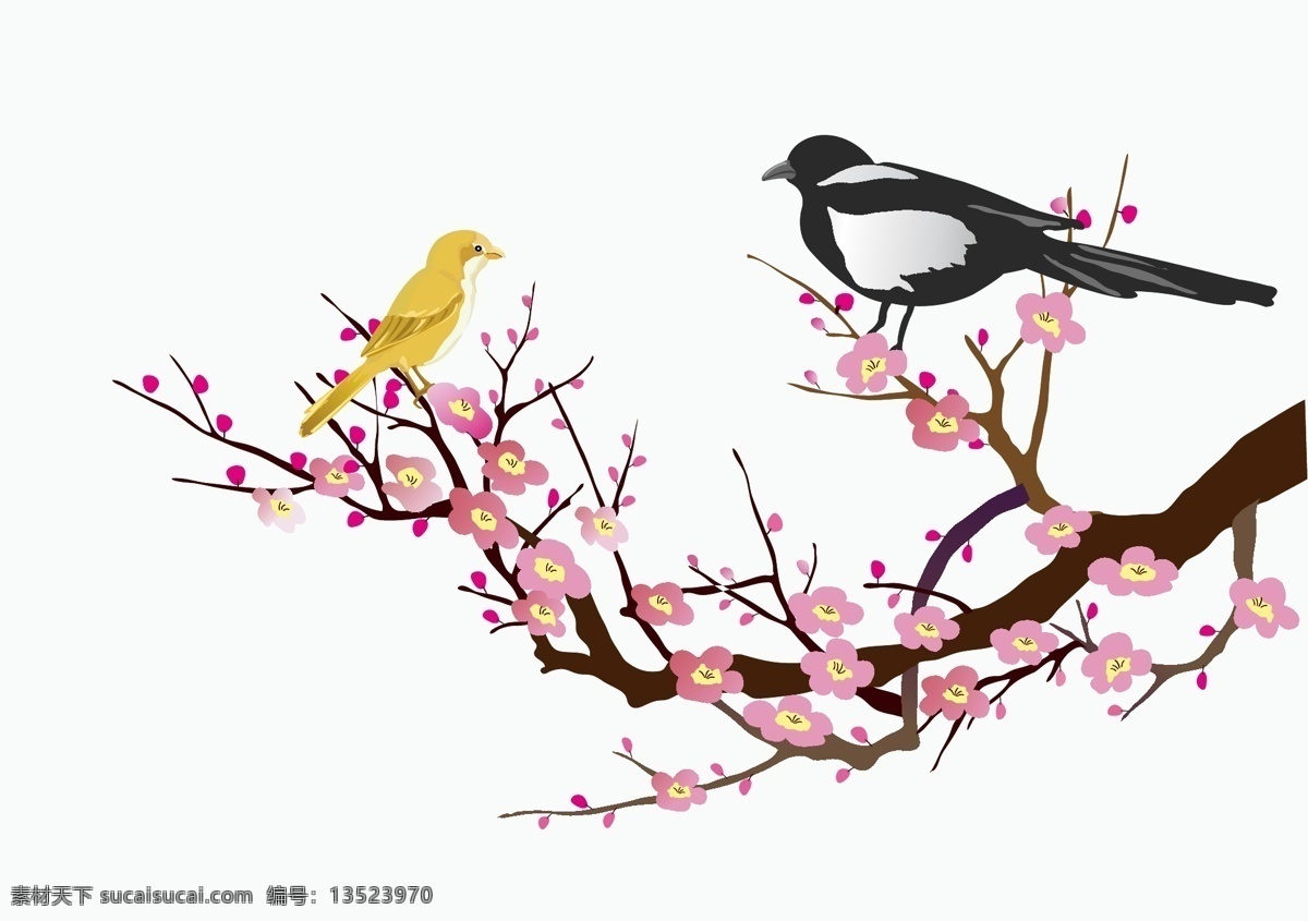 花鸟画 小鸟 梅花 桃花 树枝 中国画 唯美背景 矢量 背景底纹 古典花纹 矢量素材 其他矢量