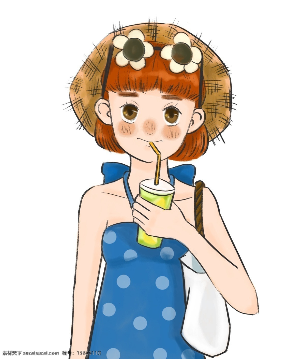 夏季 喝 果汁 女孩 酷暑 喝果汁的女孩 柠檬水 戴草帽