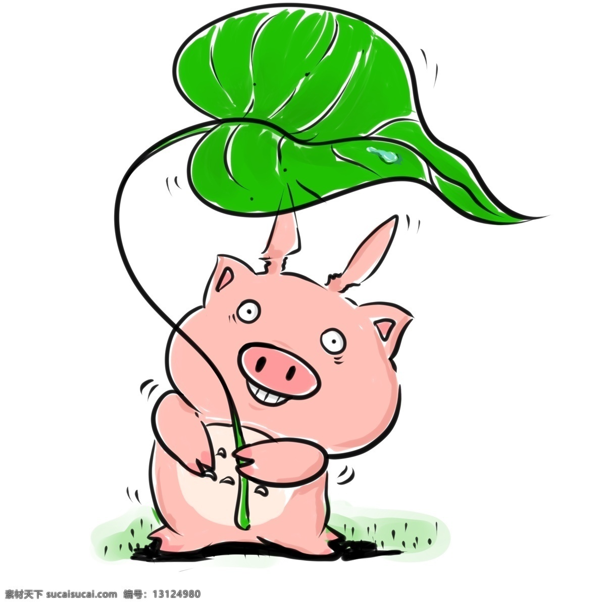 猪年 百 变小 猪 小猪 粉红 可爱 笑 逗趣 卡通 动物 手绘 龇牙 叶子 绿色 圆眼睛 小胖猪