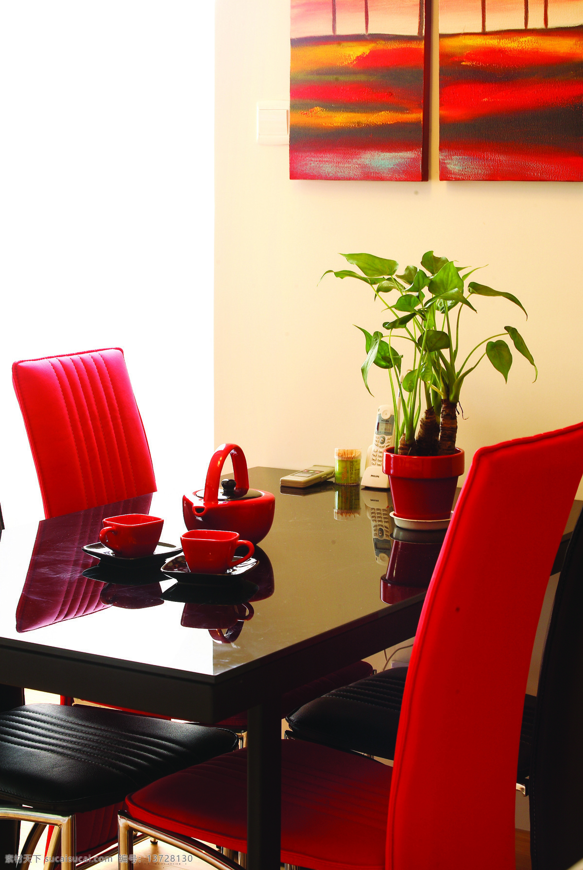 现代 简约 风 室内设计 餐厅 红色 调 效果图 餐桌 装饰画 家装