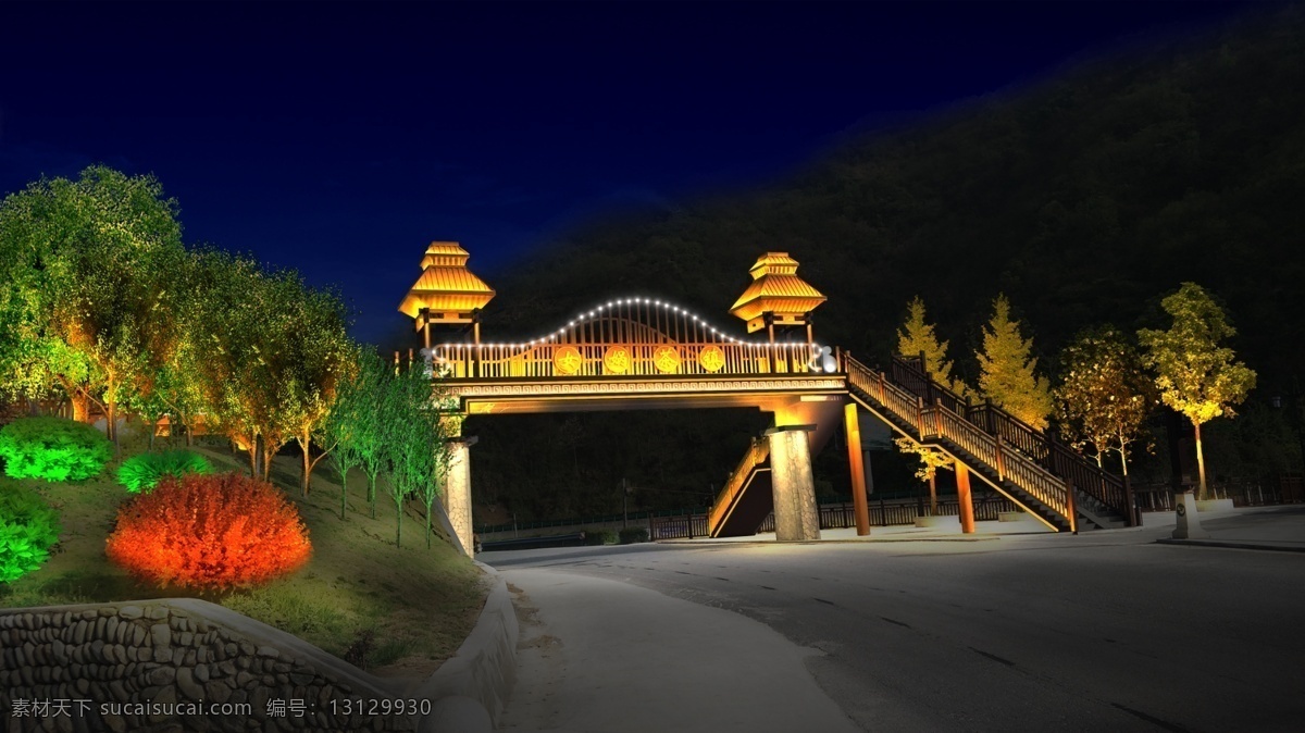 古 牌坊 民族建筑 特色 牌楼 景区 建筑 夜景 灯饰 效果图 灯光 璞睿设计灯饰 植被