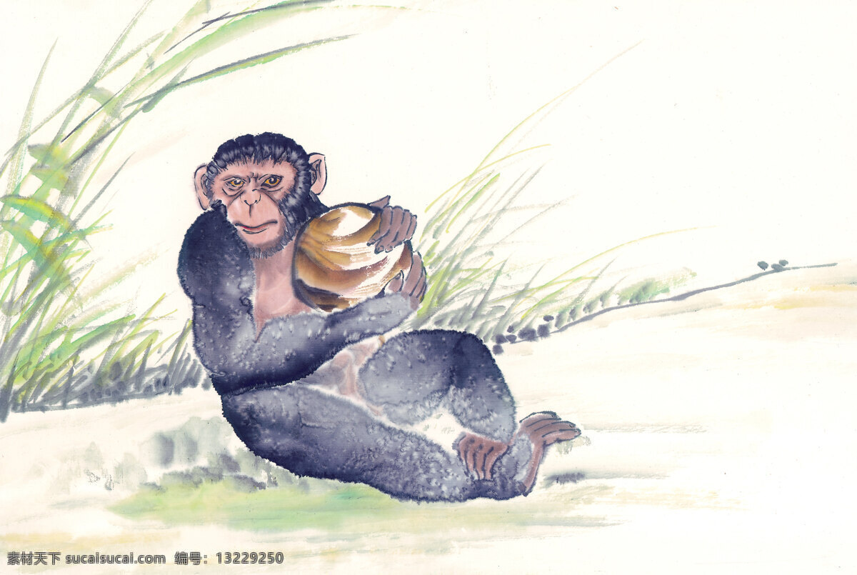 猴子 桃 芦苇 艺术 中国画 装饰素材 无框画