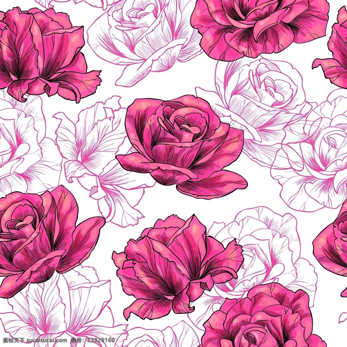 精美 玫瑰 花朵 无缝 背景 矢量 eps格式 手绘 玫瑰花 无缝背景 矢量图 白色