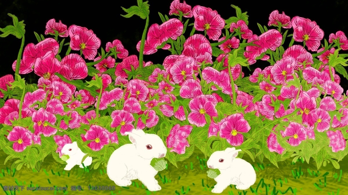 月 你好 兔子 插画 花 手机用图 微博配图 8月你好 公众号配图