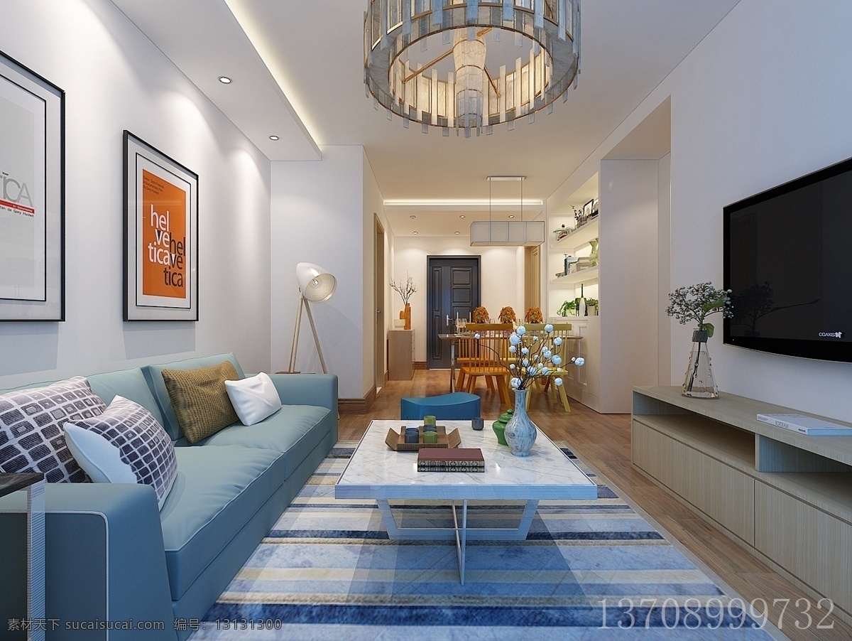 蓝白 现代 简约 风 室内 客厅 效果 家装 沙发装饰画 蓝色布艺沙发 原木电视柜 中式吊灯