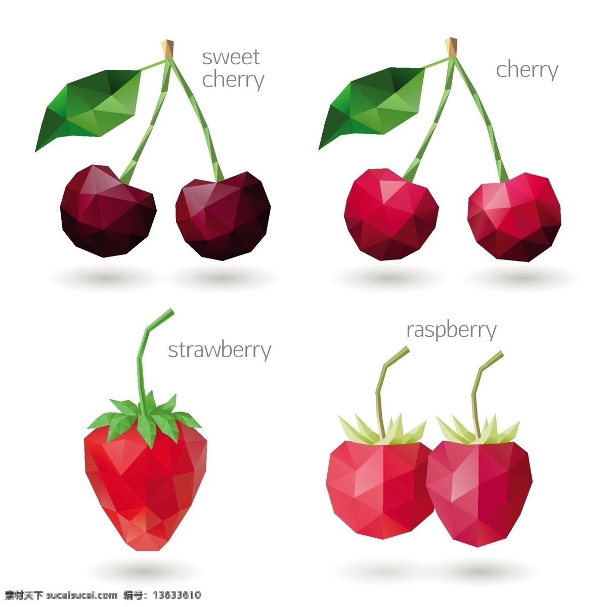 低 款 莓 果 餐饮美食图片 水果 樱桃 欧洲樱桃 草莓 红莓 低面设计水果 低面设计 白色