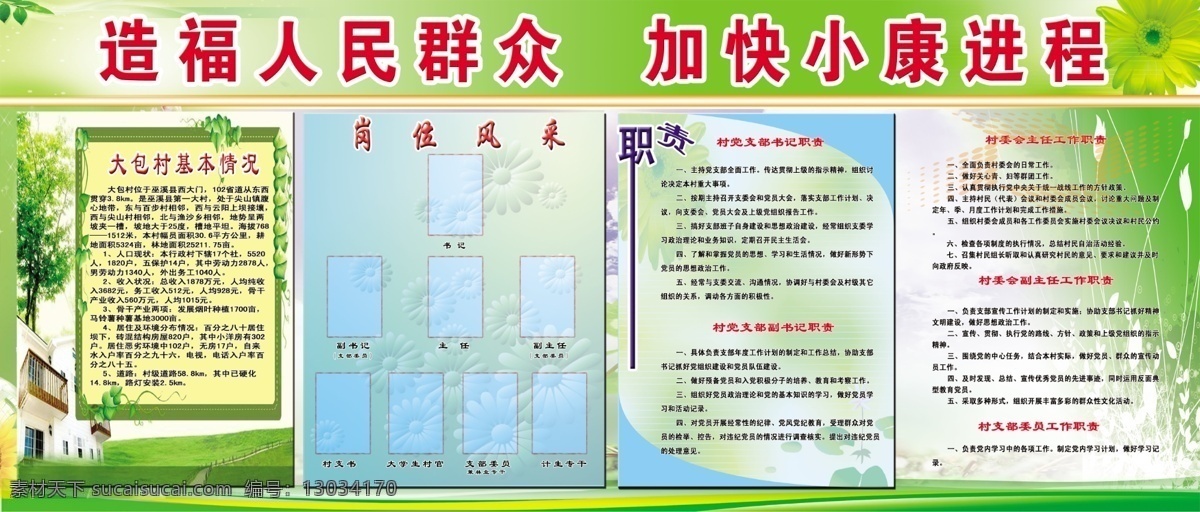 村镇 展板 边框 房屋 广告设计模板 花边 简介 源文件 展板模板 职责 村镇展板 分工 职务