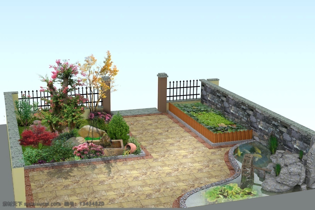 微型庭院设计 psd素材 庭院设计 庭院绿化 树木 假山 花草 绿色 道路 栅栏 大树 石头