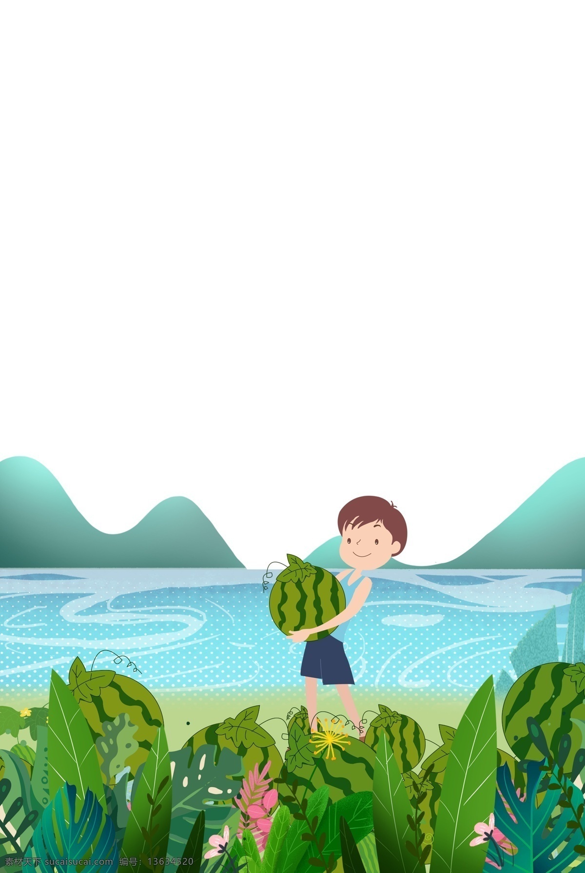 卡通 八月 盛夏 瓜田 河边 摘 西瓜 绿色植物 背景 摘西瓜 绿色 植物 手绘