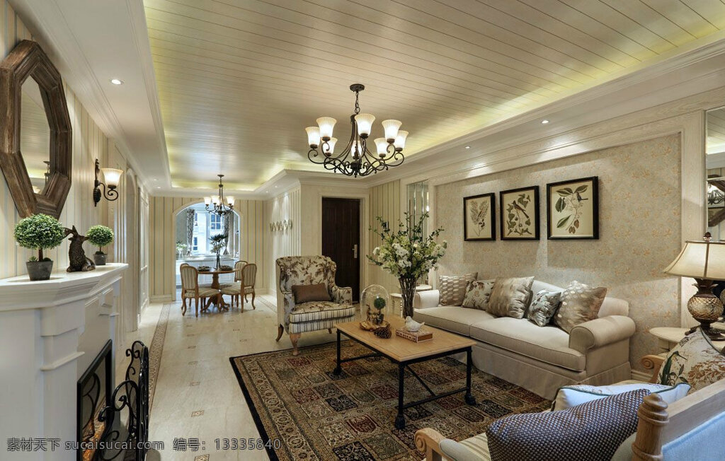 简约 客厅 壁画 装修 效果图 长方形茶几 窗户 方形吊顶 灰色地毯 灰色沙发 台灯