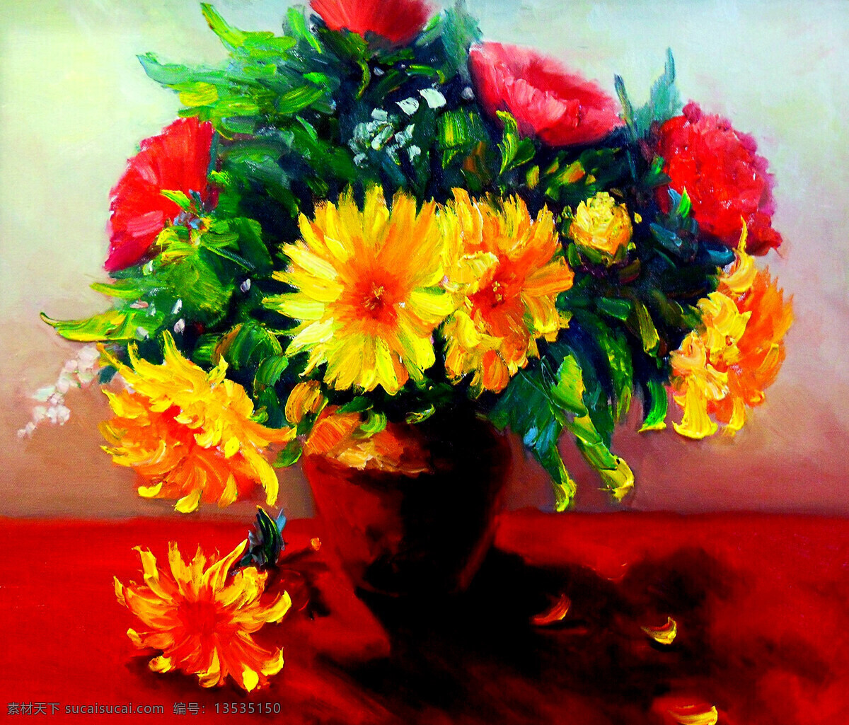 花朵 花卉 花瓶 绘画书法 菊花 美术 盛开 金秋醉红 油画 静物画 争艳 油画艺术 油画作品29 文化艺术 装饰素材