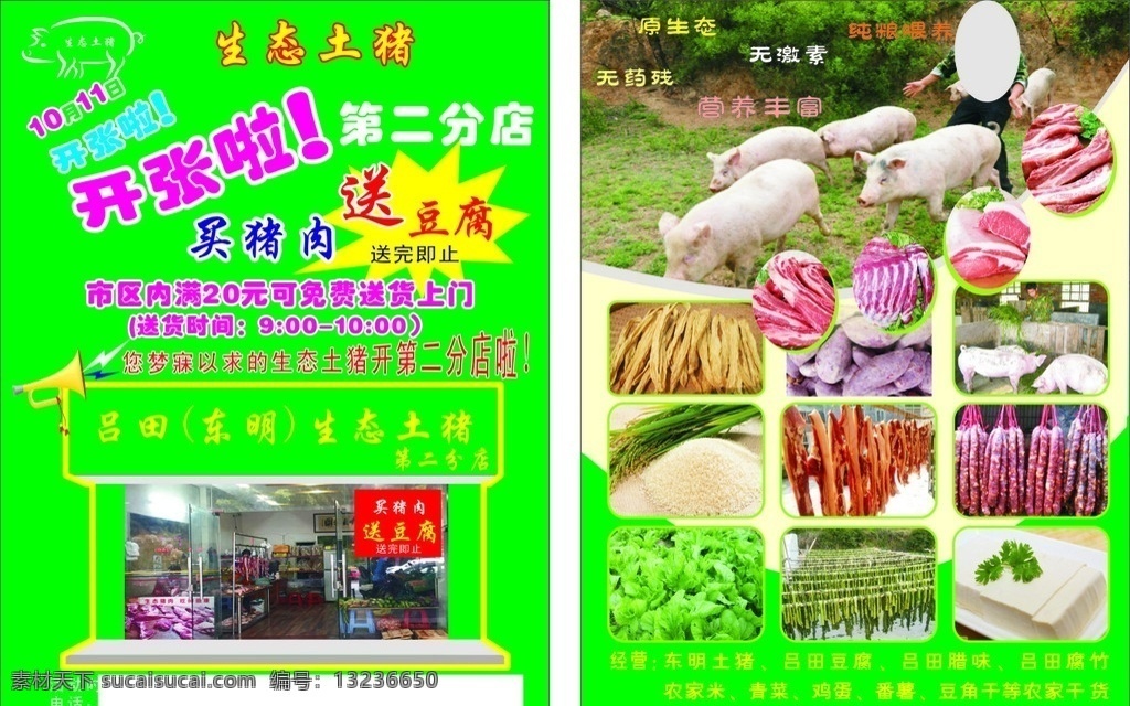 生态土猪 土猪 农家猪 吕田豆腐 门面效果图 生态农家菜 绿色背景 宣传单 猪宣传单 土猪宣传单 吕田特产 dm宣传单