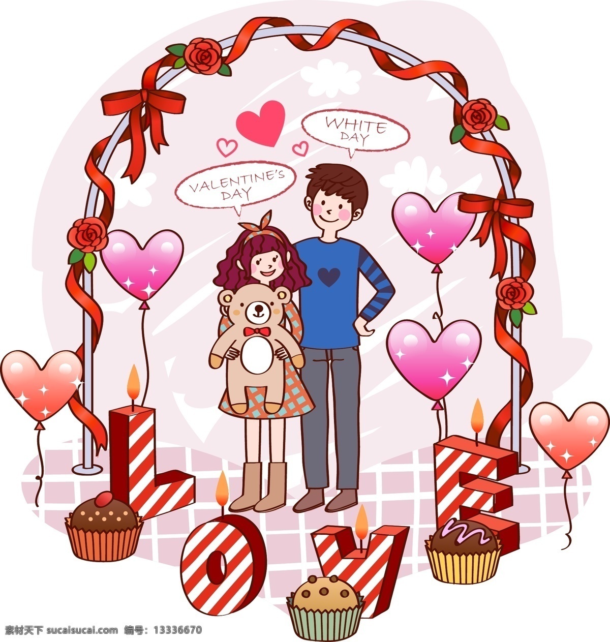 可爱 情人 卡通 矢量 爱情 插图 蛋糕 风格 夫妇 节 蜡烛 玫瑰 气球 熊 矢量图 矢量人物