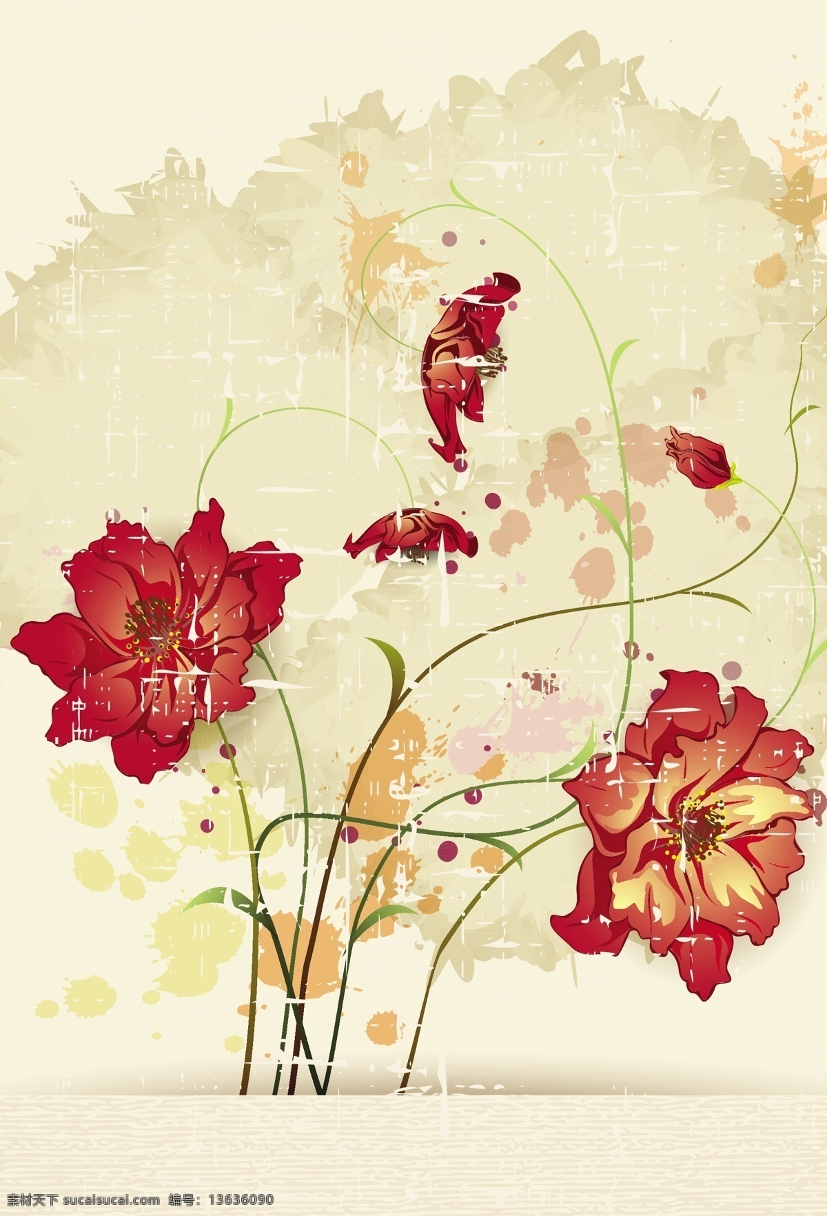 手绘红色花朵 怀旧级景 红色 喷墨 墨迹 手绘图案 花朵 植物 花卉 花纹花边 底纹边框 矢量素材 白色