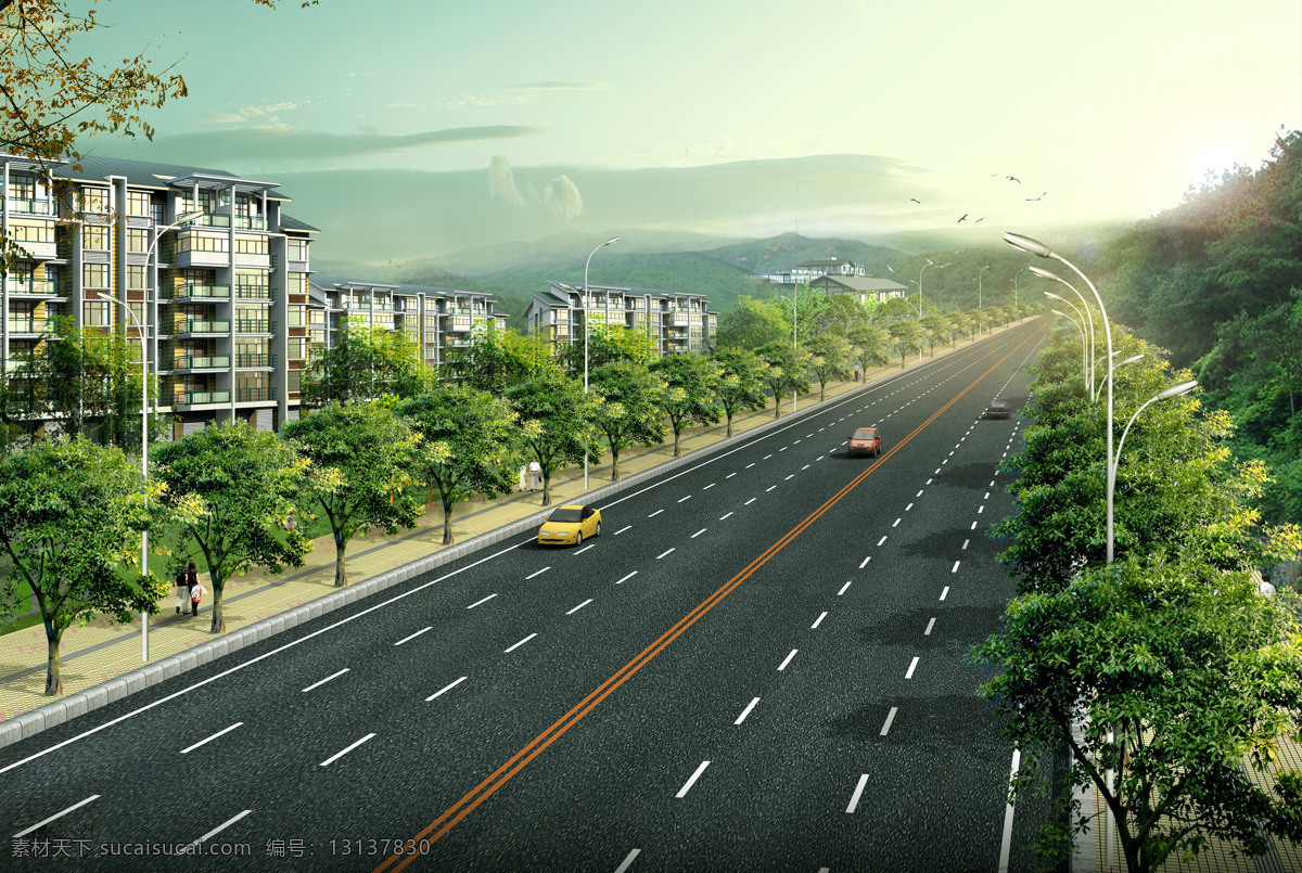 双向 六 车道 无 中分 带 道路 效果 道路效果图 双向六车道 六车道道路 人行道铺装 行道树 环境设计 效果图