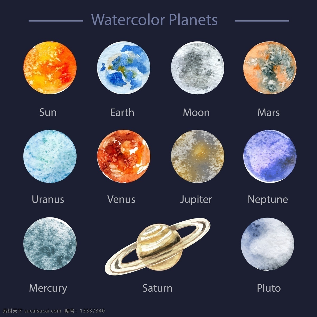 水彩 太阳 星系 地球 火星 金星 太阳系 行星 宇宙 月亮 水彩太阳系 空间星系 手绘木星 海王星 外层空间 冥王星 土星 矢量图 其他矢量图
