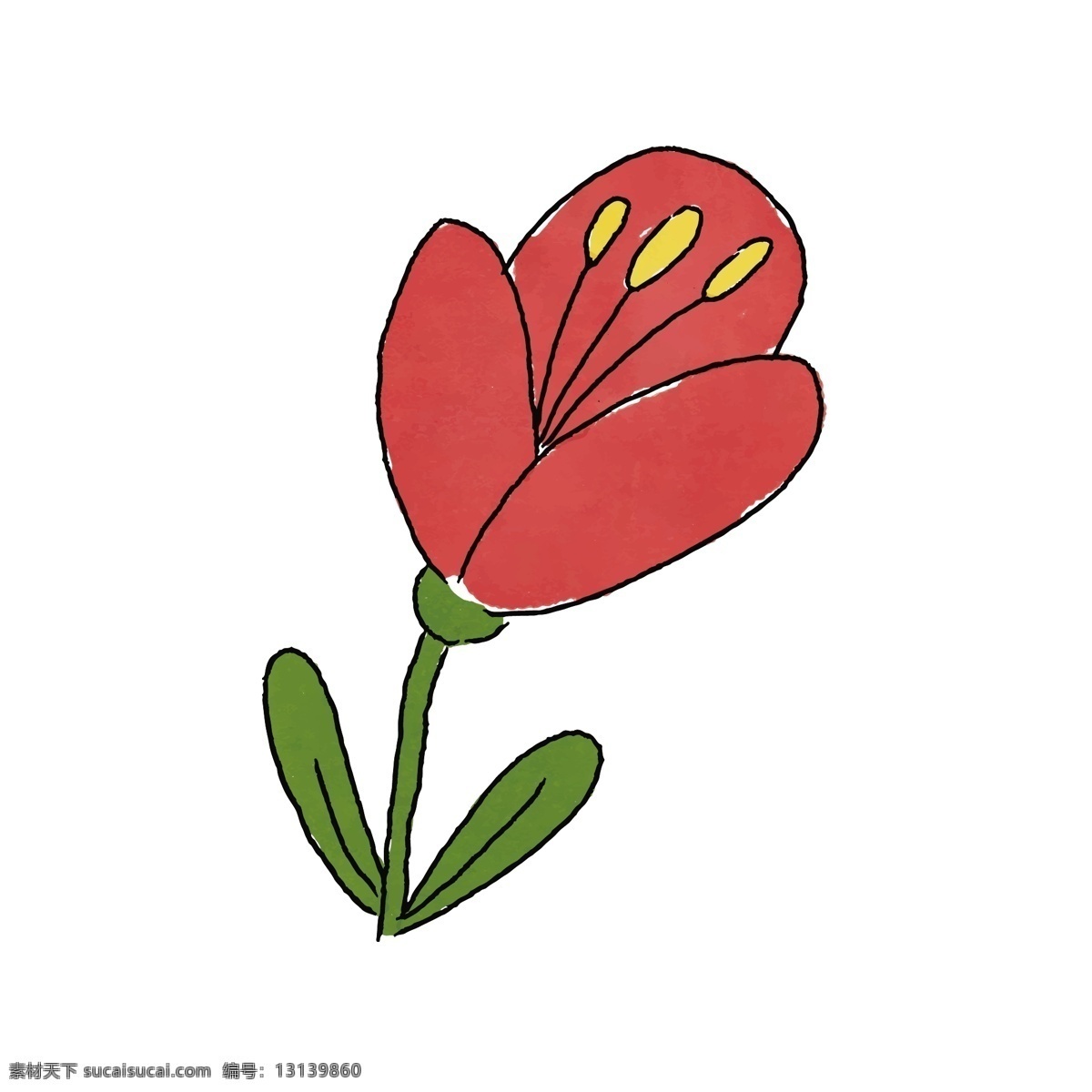 卡通 手绘 红色 花朵 免 抠 黄色花蕊 花蕊 红色的花朵 红色花朵 手绘花朵 手绘花蕊 手绘叶子 绿色 叶子
