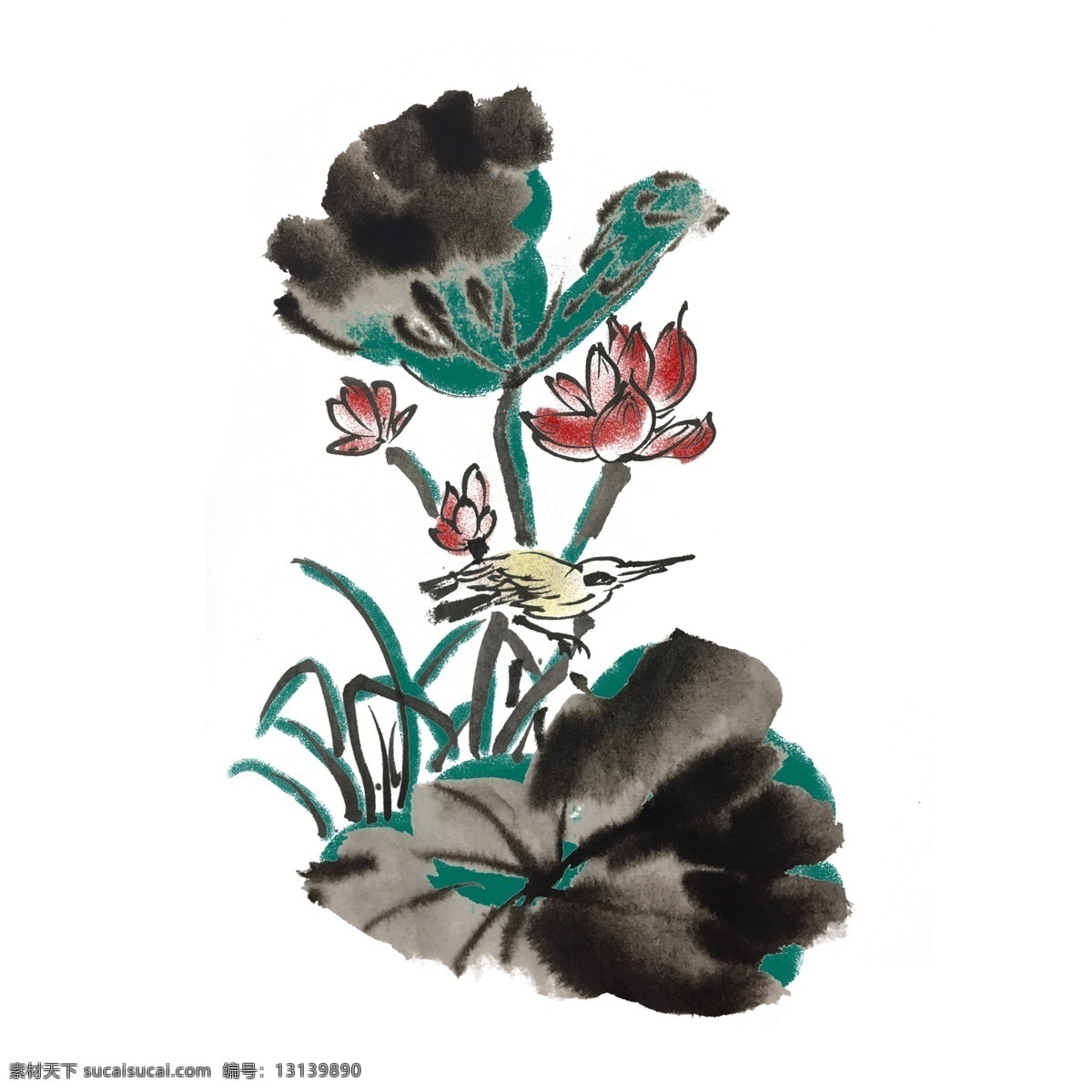 荷花 荷叶 水墨画 手绘 插画 夏季 夏天 出水芙蓉 芙蓉 中国风 古风 水墨风 墨迹 彩色 春天 生动 花草 国风