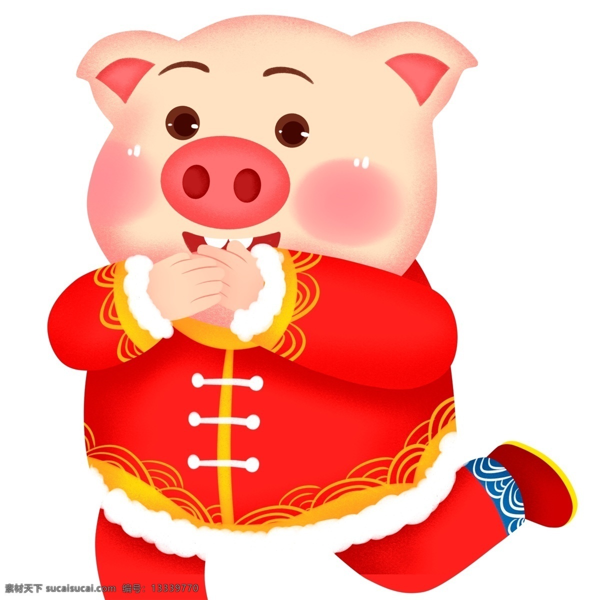 恭喜发财 卡通 开心 拜年 猪 喜庆 春节 插画 中国风 小猪 新年 猪年 2019年 过年 小猪形象 猪年形象 红衣 新衣