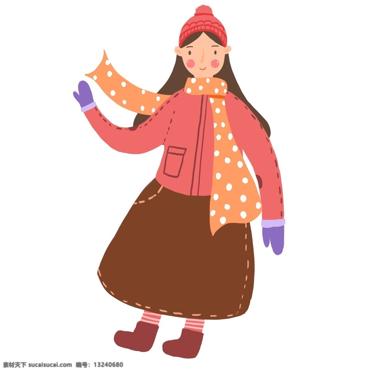 扁平化 冬季 女孩 人物 卡通 插画 围巾 毛线帽 文艺 复古